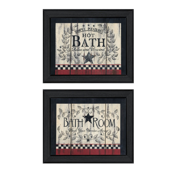 English Elm Hot Bath Folk Art 2 Panel Wall Set Black Framed Rustic Farmhouse Bathroom Decor B06787022