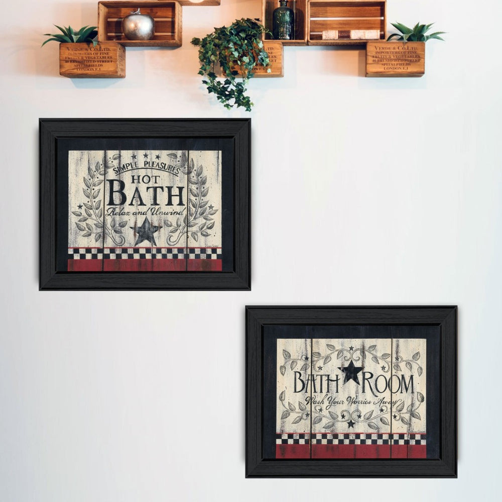 English Elm Hot Bath Folk Art 2 Panel Wall Set Black Framed Rustic Farmhouse Bathroom Decor B06787022