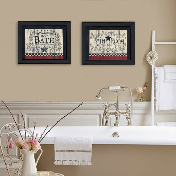 English Elm Hot Bath Folk Art 2 Panel Wall Set Black Framed Rustic Farmhouse Bathroom Decor B06787022