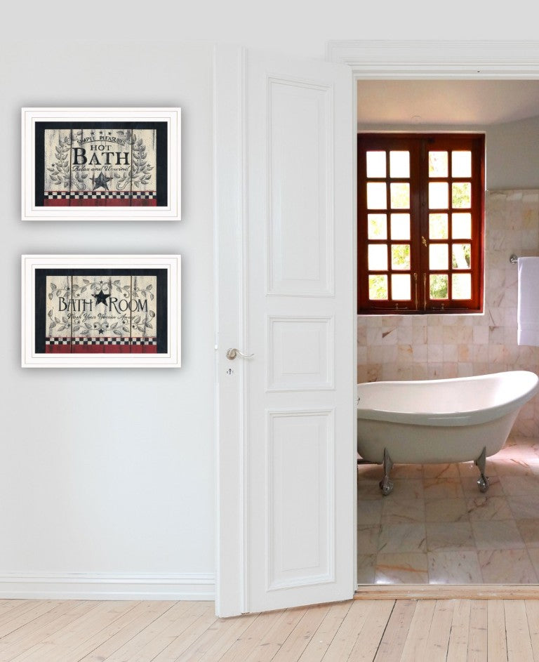 English Elm Hot Bath Folk Art Two Piece Framed Wall Vignette with White Finish for Farmhouse Bathrooms B06787800