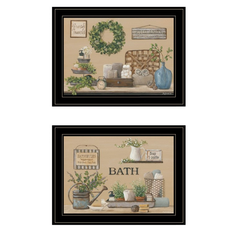 English Elm Bath Time 2-Piece Framed Wall Art Set with Black Wood Frame for Bathroom Decor B06788343
