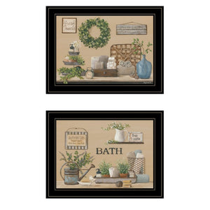 English Elm Bath Time 2-Piece Framed Wall Art Set with Black Wood Frame for Bathroom Decor B06788343