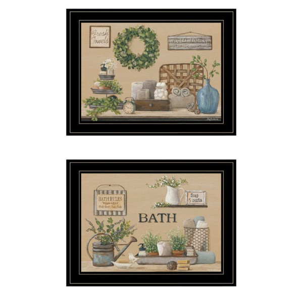 English Elm Bath Time 2-Piece Framed Wall Art Set with Black Wood Frame for Bathroom Decor B06788343