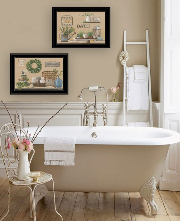 English Elm Bath Time 2-Piece Framed Wall Art Set with Black Wood Frame for Bathroom Decor B06788343