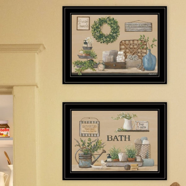 English Elm Bath Time 2-Piece Framed Wall Art Set with Black Wood Frame for Bathroom Decor B06788343