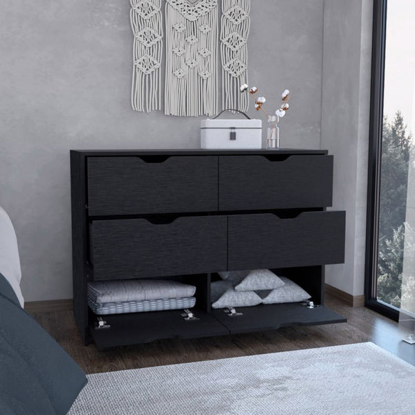 English Elm Basilea Matte Black Double Dresser with Four Drawers and Pull Down Cabinet Storage B070P214577