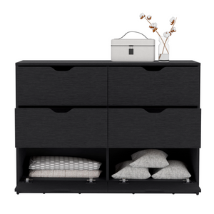 English Elm Basilea Matte Black Double Dresser with Four Drawers and Pull Down Cabinet Storage B070P214577
