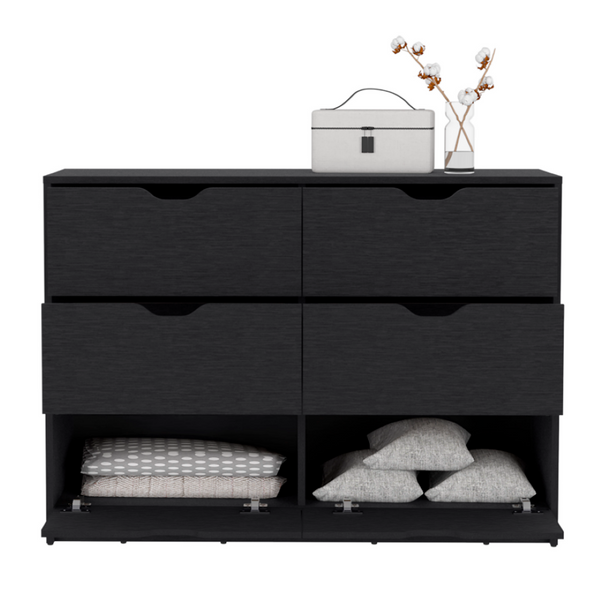 English Elm Basilea Matte Black Double Dresser with Four Drawers and Pull Down Cabinet Storage B070P214577