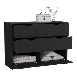 English Elm Basilea Matte Black Double Dresser with Four Drawers and Pull Down Cabinet Storage B070P214577