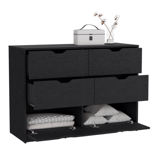 English Elm Basilea Matte Black Double Dresser with Four Drawers and Pull Down Cabinet Storage B070P214577