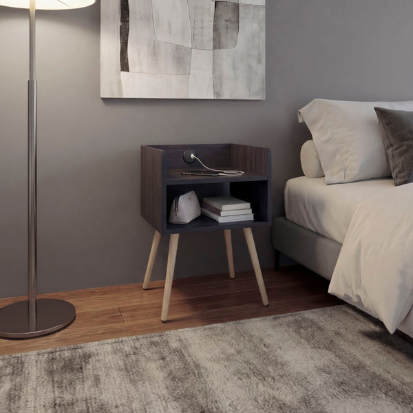 English Elm Didi Mid-Century Modern Nightstand with USB Charging Dual Open Shelves Splayed Legs B070P514083