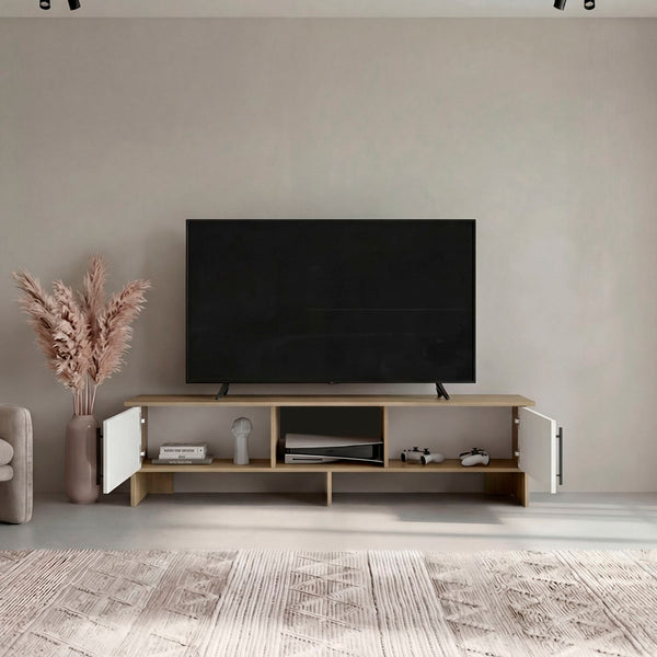 English Elm Dago Low Profile Media Console with Open Shelving Cabinet Doors and Raised Legs B070P524553