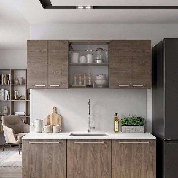 English Elm Superior Three Section Wall Cabinet with Glass Display Integrated Dish Rack Kitchen Storage B070P543542