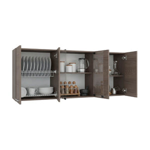 English Elm Superior Three Section Wall Cabinet with Glass Display Integrated Dish Rack Kitchen Storage B070P543542