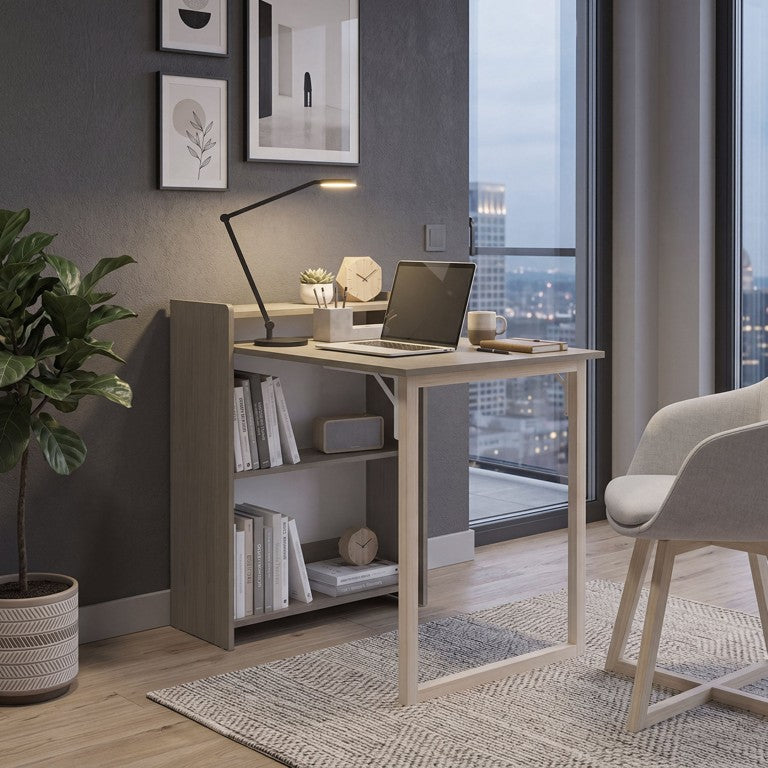 English Elm Leslie Retractable Writing Desk with Open Shelving for Small Space Home Offices Light Oak B070P569576