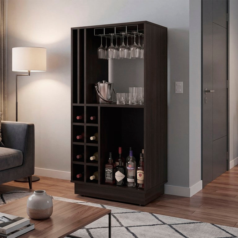 English Elm Caoba Engineered Wood Bar Cabinet with Stemware Rack Wine Storage and Open Shelving B070P596415