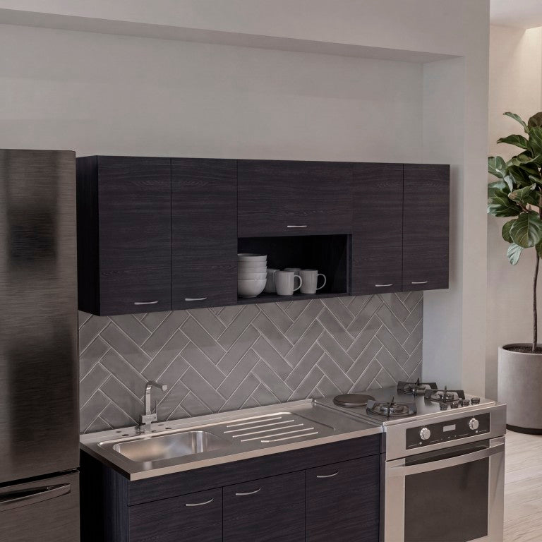 English Elm Ely Wall Mounted Kitchen Cabinet with Five Doors and Open Center Display Niche Dark Brown B070P604620
