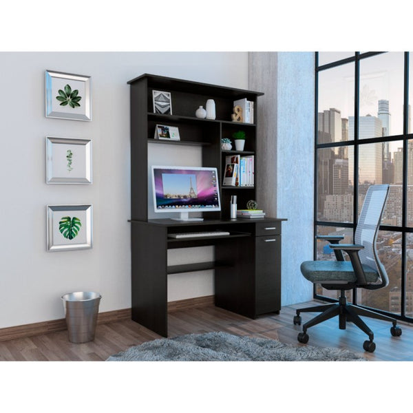 English Elm Compu Black Hutch Desk with Shelves Keyboard Tray Cpu Panel and One Storage Drawer B070S00006