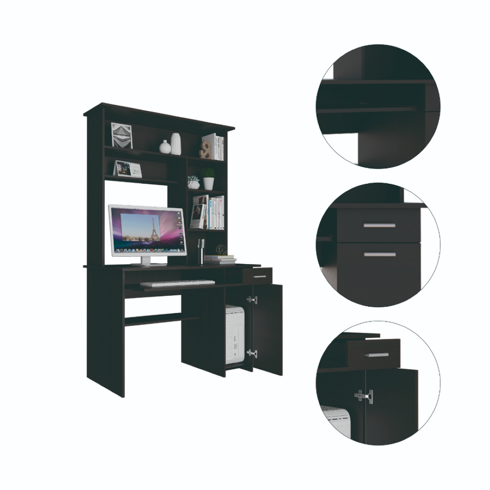 English Elm Compu Black Hutch Desk with Shelves Keyboard Tray Cpu Panel and One Storage Drawer B070S00006