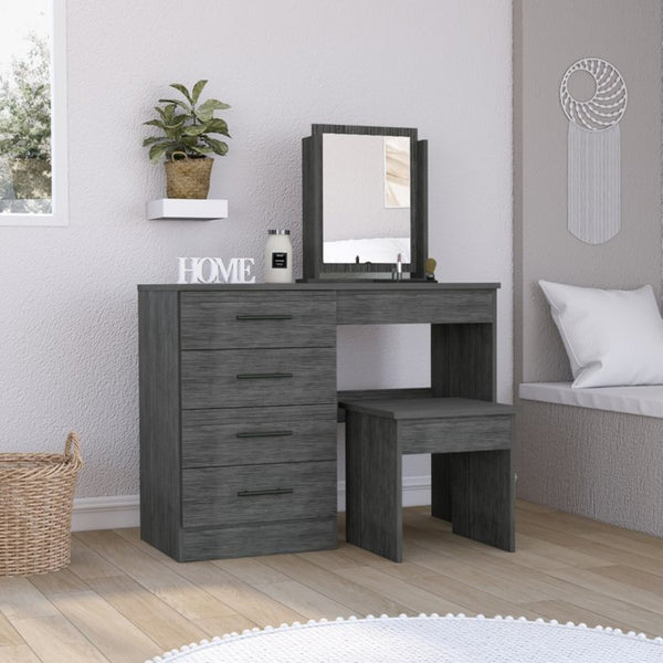 English Elm Kaia Four Drawer Makeup Vanity Set with Mirror and Stool in Smokey Oak Finish B070S00041