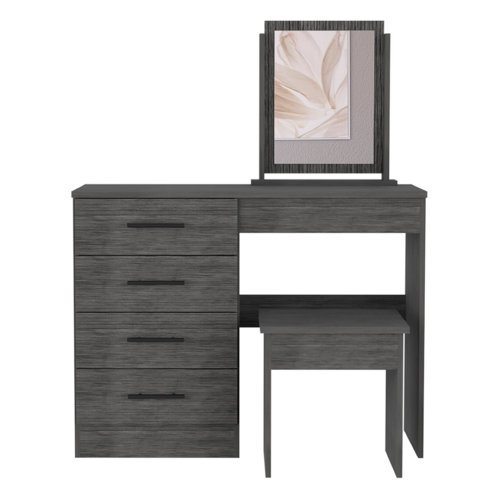 English Elm Kaia Four Drawer Makeup Vanity Set with Mirror and Stool in Smokey Oak Finish B070S00041