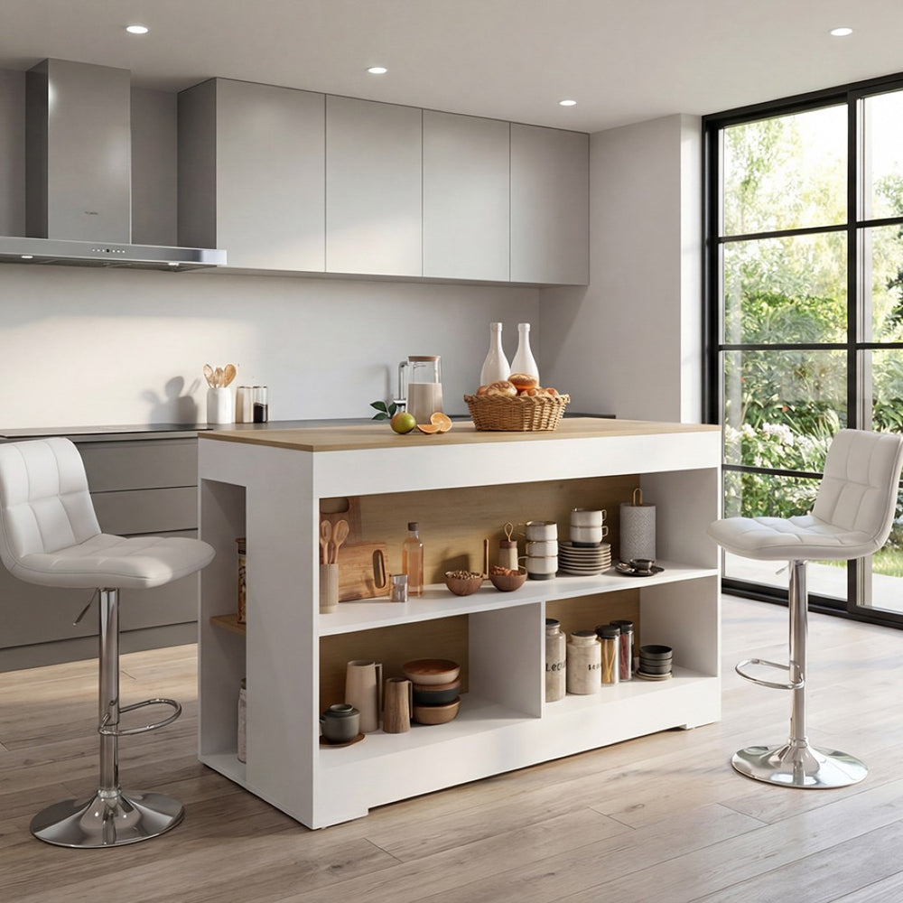 English Elm Cuenca Counter Height Dining Table with Three Open Shelves for Compact Kitchen Spaces B070S00419