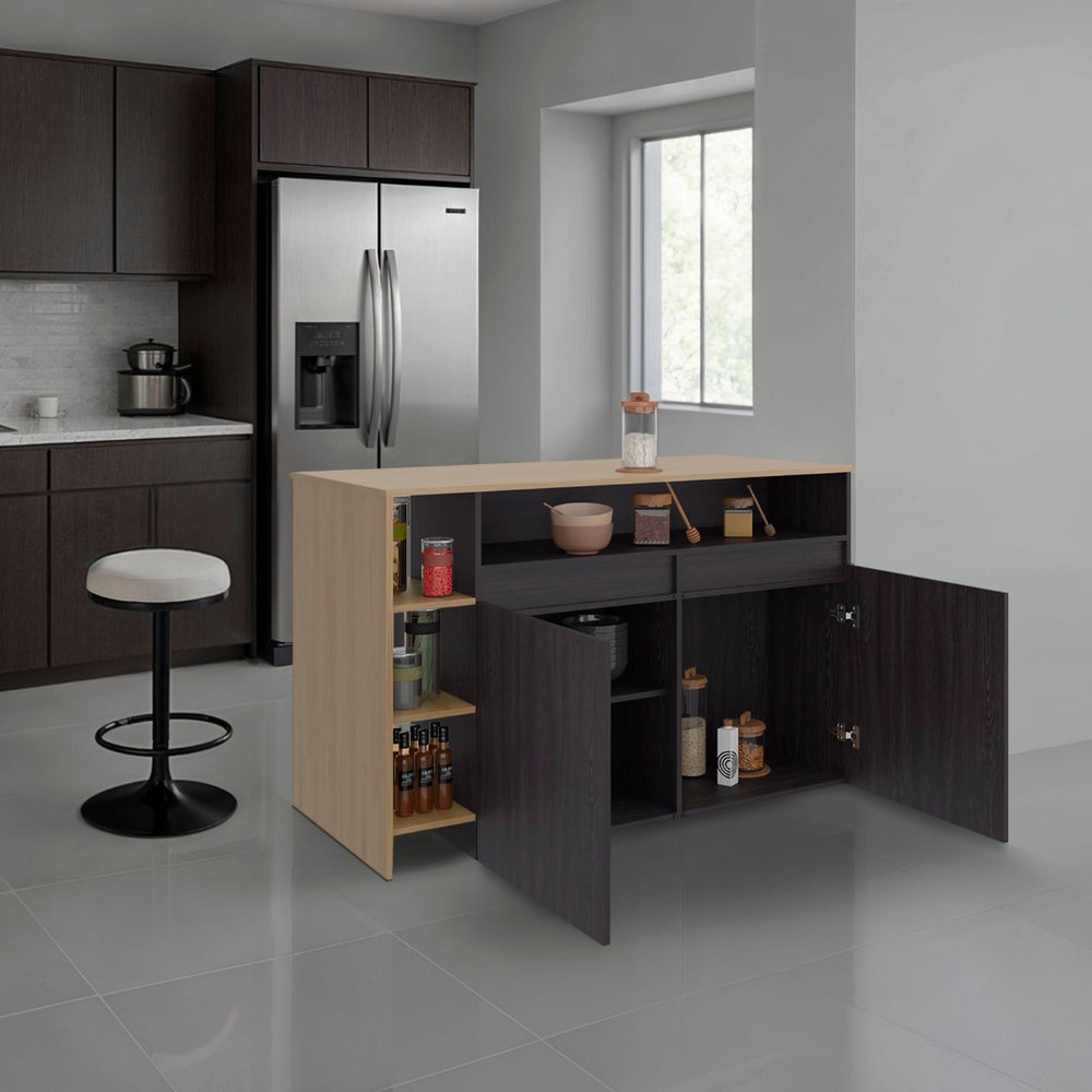 English Elm Bari Modern Kitchen Island with Open Shelving Cabinet Storage and Counter Dining Surface B070S00422