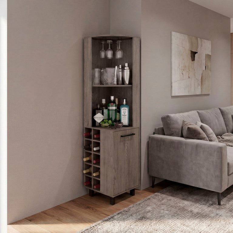 English Elm Kaia Corner Bar Cabinet with Wine Cubbies Stemware Rack and Open Shelving Light Gray B070S00426