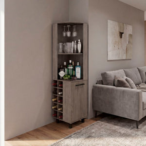 English Elm Kaia Corner Bar Cabinet with Wine Cubbies Stemware Rack and Open Shelving Light Gray B070S00426