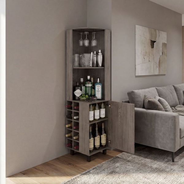 English Elm Kaia Corner Bar Cabinet with Wine Cubbies Stemware Rack and Open Shelving Light Gray B070S00426