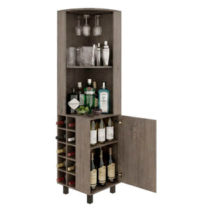 English Elm Kaia Corner Bar Cabinet with Wine Cubbies Stemware Rack and Open Shelving Light Gray B070S00426