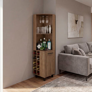English Elm Kaia Corner Bar Cabinet with Wine Cubbies Stemware Rack and Open Shelving Light Oak B070S00427