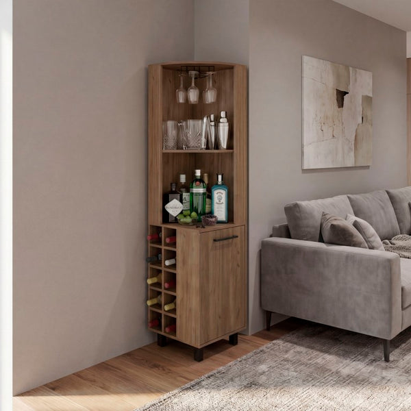English Elm Kaia Corner Bar Cabinet with Wine Cubbies Stemware Rack and Open Shelving Light Oak B070S00427