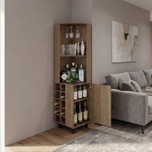 English Elm Kaia Corner Bar Cabinet with Wine Cubbies Stemware Rack and Open Shelving Light Oak B070S00427