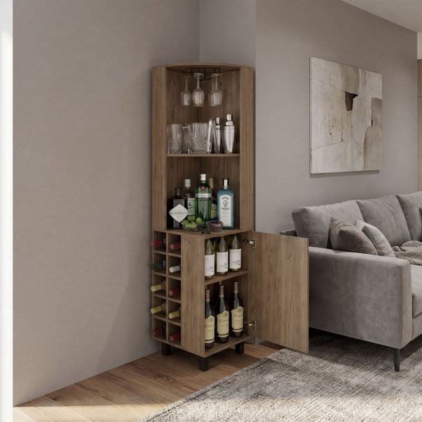 English Elm Kaia Corner Bar Cabinet with Wine Cubbies Stemware Rack and Open Shelving Light Oak B070S00427