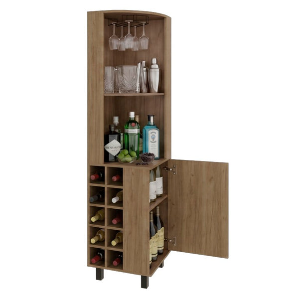 English Elm Kaia Corner Bar Cabinet with Wine Cubbies Stemware Rack and Open Shelving Light Oak B070S00427