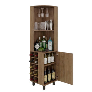 English Elm Kaia Corner Bar Cabinet with Wine Cubbies Stemware Rack and Open Shelving Light Oak B070S00427