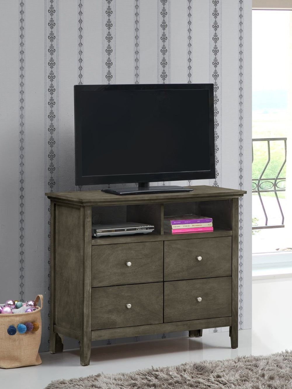 English Elm Hammond Media Chest with Wood Veneer Dovetail Drawers and Nickel Hardware in Warm Gray B078108316