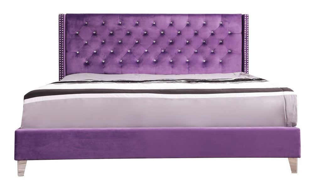 English Elm Elegant King Bed with Deeply Padded Purple Upholstered Headboard for Bold Bedrooms B078118300