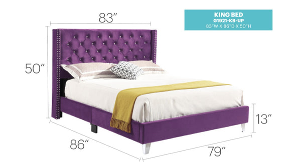 English Elm Elegant King Bed with Deeply Padded Purple Upholstered Headboard for Bold Bedrooms B078118300