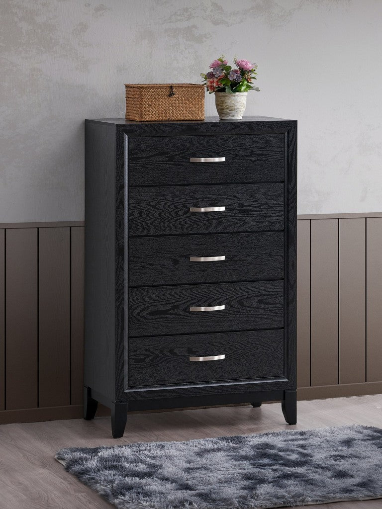 English Elm Glasgow Five Drawer Chest in Black Lacquer with Wood Grain Texture and Brushed Steel Pulls B078P349543