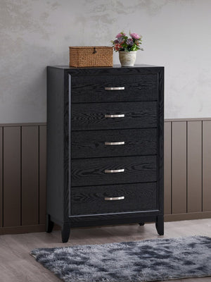 English Elm Glasgow Five Drawer Chest in Black Lacquer with Wood Grain Texture and Brushed Steel Pulls B078P349543