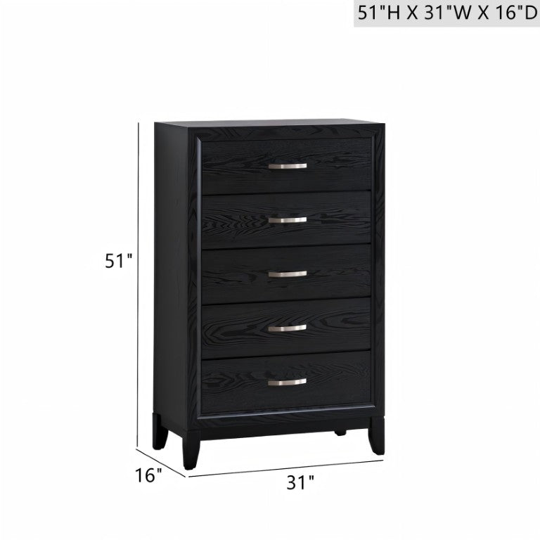 English Elm Glasgow Five Drawer Chest in Black Lacquer with Wood Grain Texture and Brushed Steel Pulls B078P349543