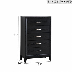 English Elm Glasgow Five Drawer Chest in Black Lacquer with Wood Grain Texture and Brushed Steel Pulls B078P349543