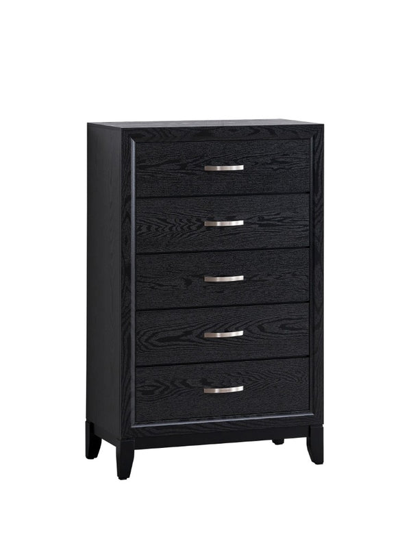 English Elm Glasgow Five Drawer Chest in Black Lacquer with Wood Grain Texture and Brushed Steel Pulls B078P349543