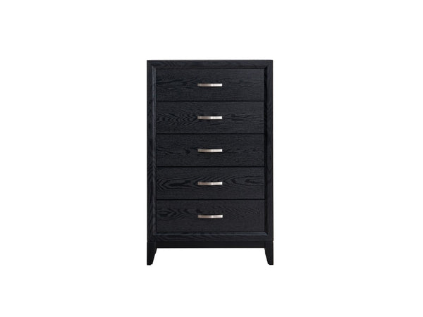 English Elm Glasgow Five Drawer Chest in Black Lacquer with Wood Grain Texture and Brushed Steel Pulls B078P349543