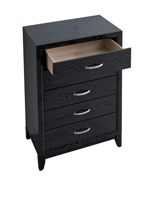 English Elm Glasgow Five Drawer Chest in Black Lacquer with Wood Grain Texture and Brushed Steel Pulls B078P349543