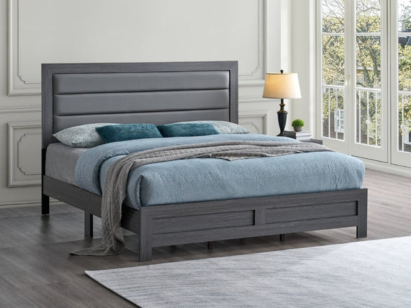 English Elm Plano King Bed Faux Leather Padded Headboard Wood Grain Laminate Frame Bedroom Gray B078P498678