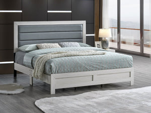 English Elm Plano King Bed Faux Leather Padded Headboard Wood Grain Laminate Frame Bedroom Beige B078P498694