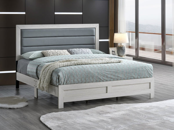 English Elm Plano King Bed Faux Leather Padded Headboard Wood Grain Laminate Frame Bedroom Beige B078P498694